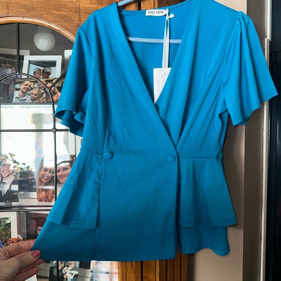 NEW NWT Grace Karin Women's Teal Blouse with Peplum Design. - Picture 5 of 12